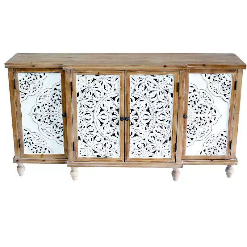 4-Door Hollow-Carved Accent Cabinet, Distressed Wood Storage Cabinet with adjustable shelves,unique design for Kitchen, Dining Room, Natural wood