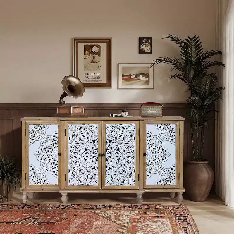4-Door Hollow-Carved Accent Cabinet, Distressed Wood Storage Cabinet with adjustable shelves,unique design for Kitchen, Dining Room, Natural wood