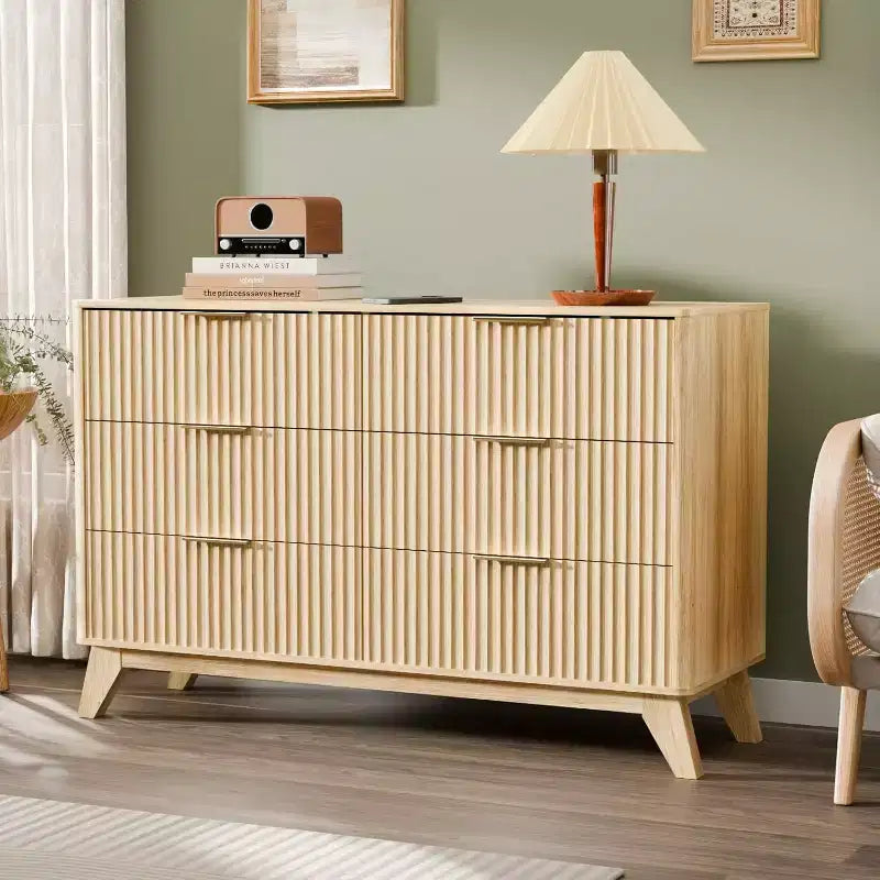 VINGLI Fluted Dresser 6 Drawer, Wood Dresser for Bedroom with Rounded Edges