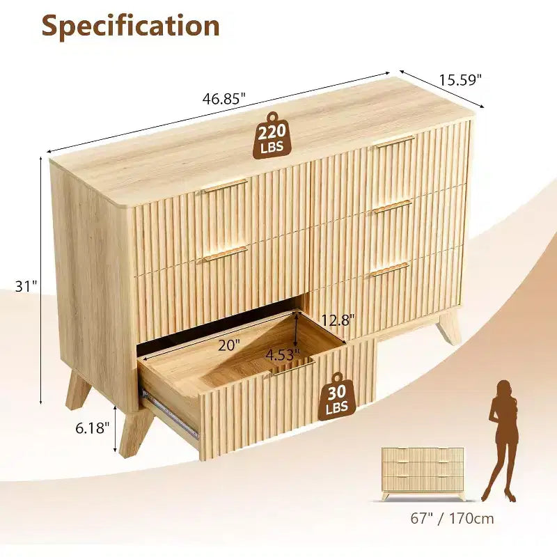 VINGLI Fluted Dresser 6 Drawer, Wood Dresser for Bedroom with Rounded Edges