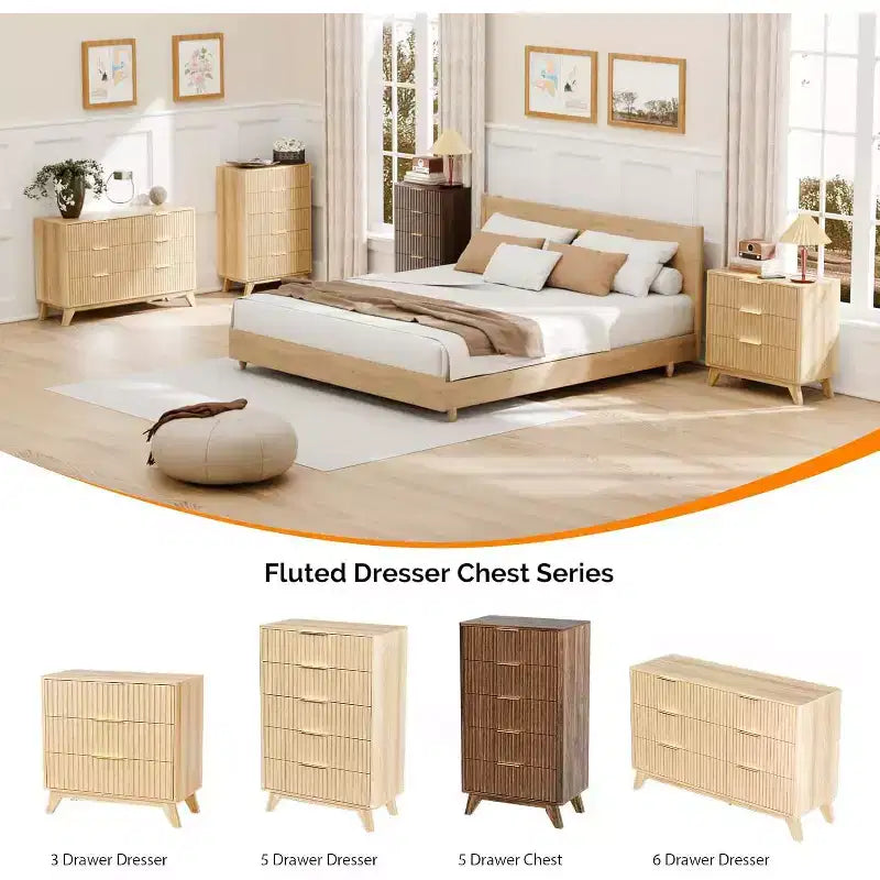 VINGLI Fluted Dresser 6 Drawer, Wood Dresser for Bedroom with Rounded Edges