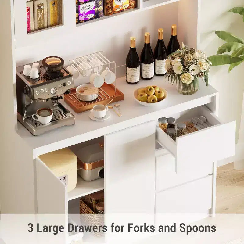71 in Tall Kitchen Pantry Cabinet with Doors&Shelves Adjustable, Kitchen Storage Hutch with Microwave Shelf, Led Lights&Charging Station