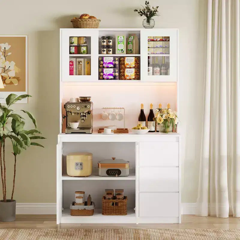 71 in Tall Kitchen Pantry Cabinet with Doors&Shelves Adjustable, Kitchen Storage Hutch with Microwave Shelf, Led Lights&Charging Station