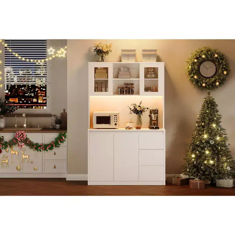 71 in Tall Kitchen Pantry Cabinet with Doors&Shelves Adjustable, Kitchen Storage Hutch with Microwave Shelf, Led Lights&Charging Station