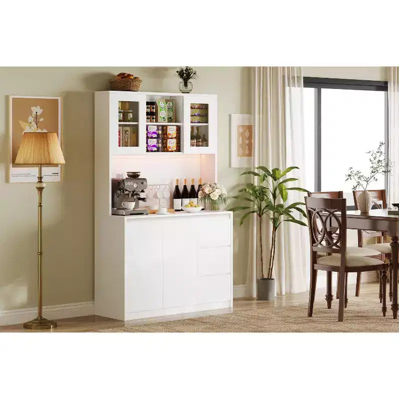 71 in Tall Kitchen Pantry Cabinet with Doors&Shelves Adjustable, Kitchen Storage Hutch with Microwave Shelf, Led Lights&Charging Station