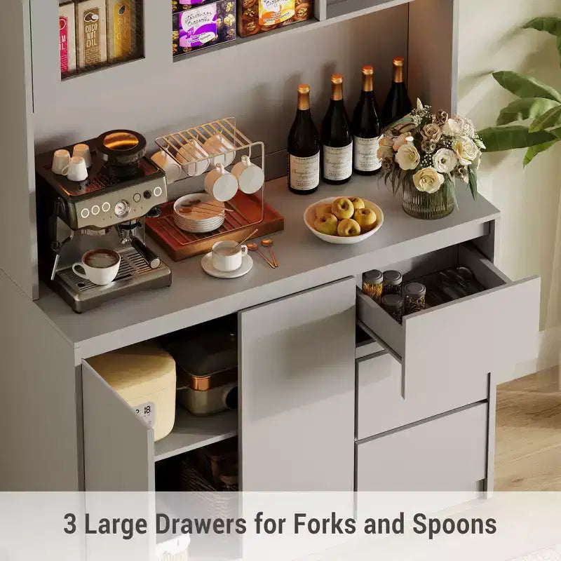 71 in Tall Kitchen Pantry Cabinet with Doors&Shelves Adjustable, Kitchen Storage Hutch with Microwave Shelf, Led Lights&Charging Station