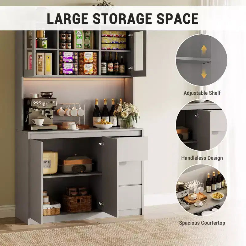 71 in Tall Kitchen Pantry Cabinet with Doors&Shelves Adjustable, Kitchen Storage Hutch with Microwave Shelf, Led Lights&Charging Station