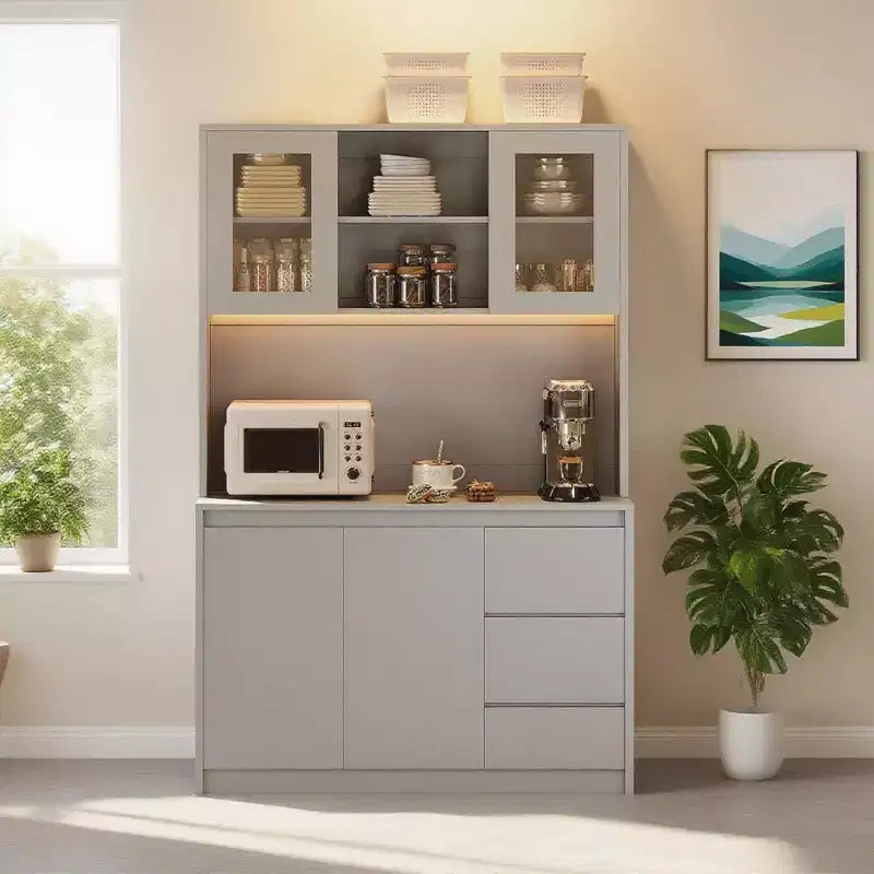71 in Tall Kitchen Pantry Cabinet with Doors&Shelves Adjustable, Kitchen Storage Hutch with Microwave Shelf, Led Lights&Charging Station