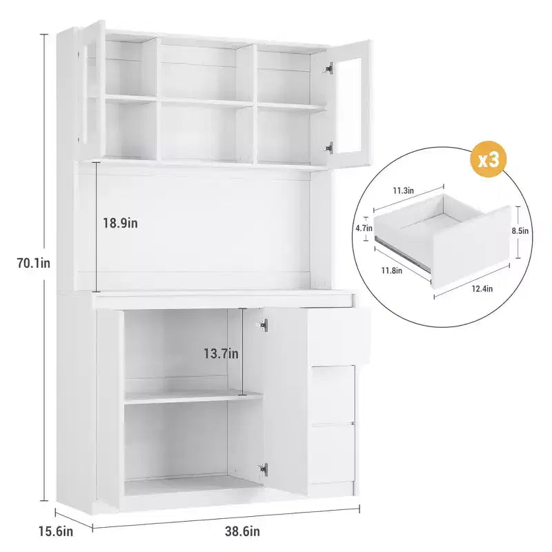 71 in Tall Kitchen Pantry Cabinet with Doors&Shelves Adjustable, Kitchen Storage Hutch with Microwave Shelf, Led Lights&Charging Station
