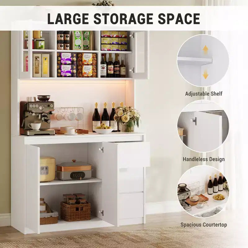 71 in Tall Kitchen Pantry Cabinet with Doors&Shelves Adjustable, Kitchen Storage Hutch with Microwave Shelf, Led Lights&Charging Station