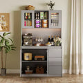 71 in Tall Kitchen Pantry Cabinet with Doors&Shelves Adjustable, Kitchen Storage Hutch with Microwave Shelf, Led Lights&Charging Station