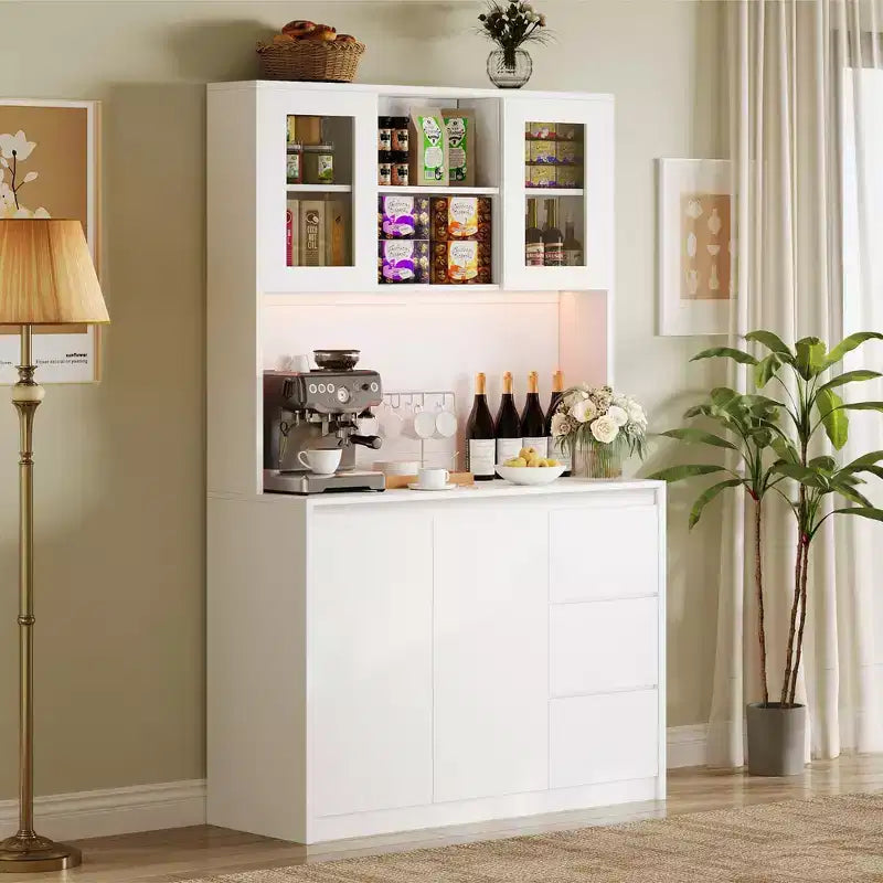 71 in Tall Kitchen Pantry Cabinet with Doors&Shelves Adjustable, Kitchen Storage Hutch with Microwave Shelf, Led Lights&Charging Station