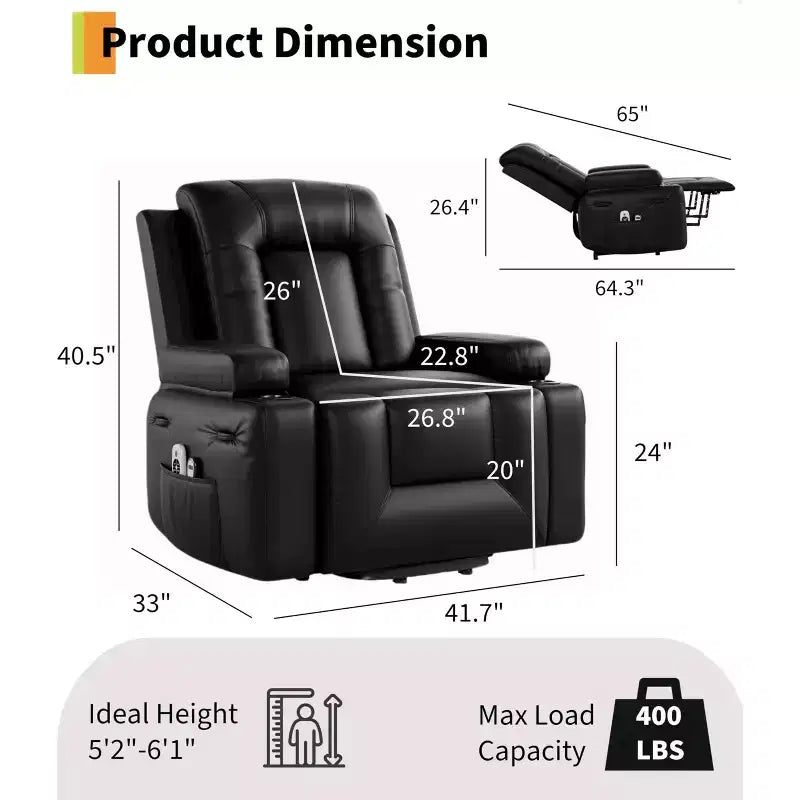 Oversized Power Lift Recliner Chair with Heat & Massage, PU Leather Electric Lift Chair for Elderly & Mobility Impaired, Adjustable Backrest & Leg