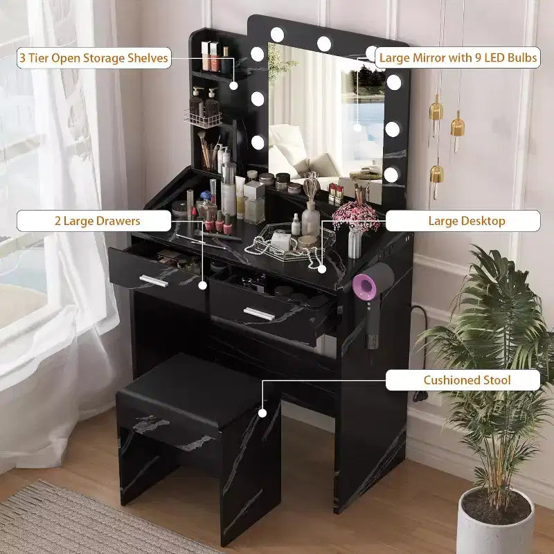 Vanity Desk with Mirror and Lights for Bedroom, Marble Black Modern Makeup Table with 2 Drawers