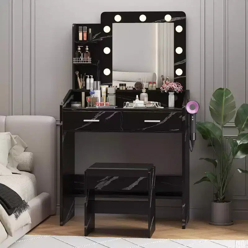 Vanity Desk with Mirror and Lights for Bedroom, Marble Black Modern Makeup Table with 2 Drawers