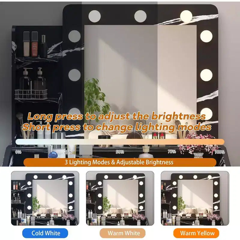 Vanity Desk with Mirror and Lights for Bedroom, Marble Black Modern Makeup Table with 2 Drawers