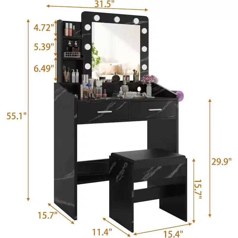 Vanity Desk with Mirror and Lights for Bedroom, Marble Black Modern Makeup Table with 2 Drawers