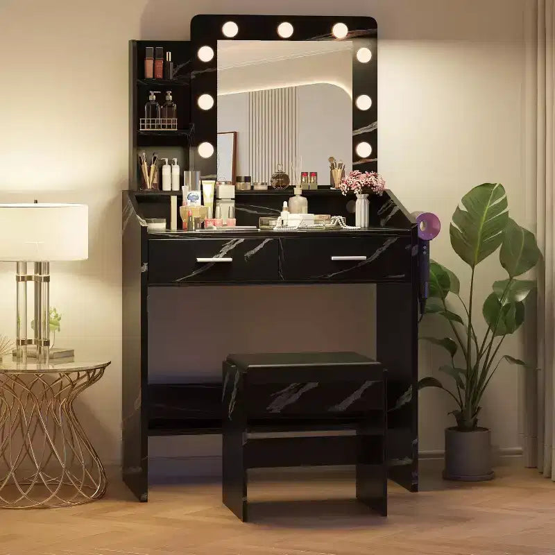 Vanity Desk with Mirror and Lights for Bedroom, Marble Black Modern Makeup Table with 2 Drawers