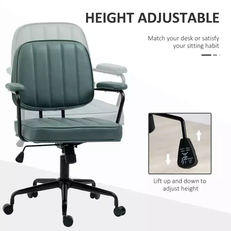 Adjustable PU Office Chair with Armrests and 360 Swivel Rolling Base, Green