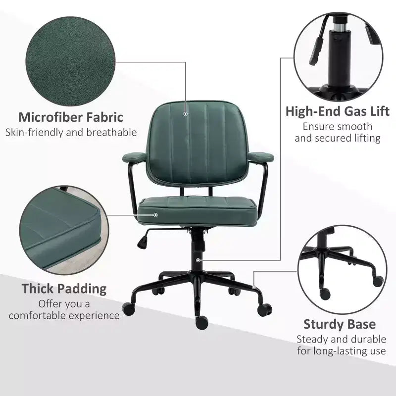 Adjustable PU Office Chair with Armrests and 360 Swivel Rolling Base, Green
