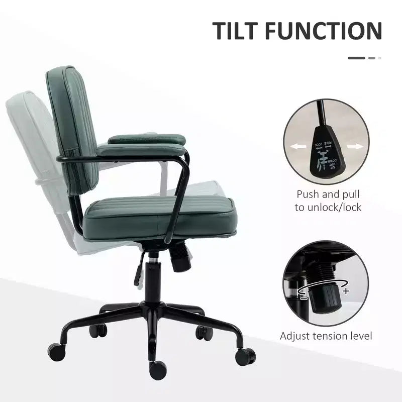 Adjustable PU Office Chair with Armrests and 360 Swivel Rolling Base, Green