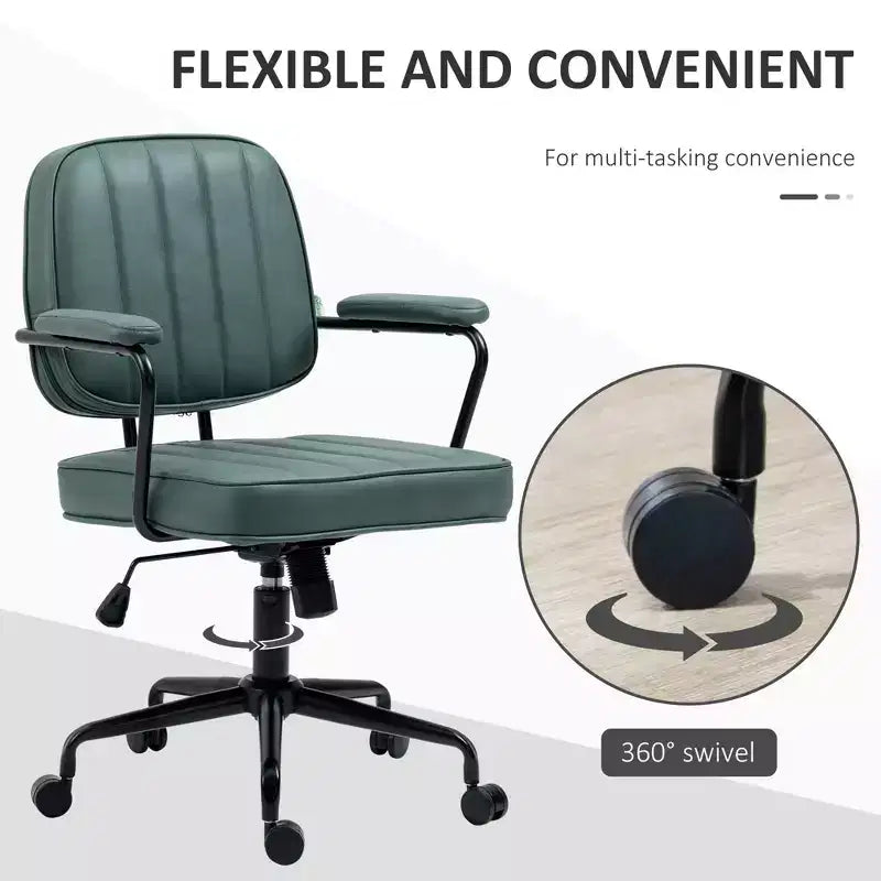 Adjustable PU Office Chair with Armrests and 360 Swivel Rolling Base, Green