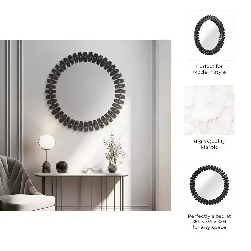 Decorative Large Round Marble Tile Mirror for Bedroom Decor - Contemporary Wall Mirror for Bathroom, Dorms, and Hallway Accent Decor - 35, Black