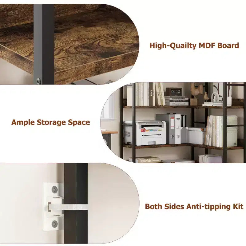 Five-tier L-shaped corner bookshelf with wood and metal storage shelves. Space-saving office display unit suitable for living rooms and bedrooms.