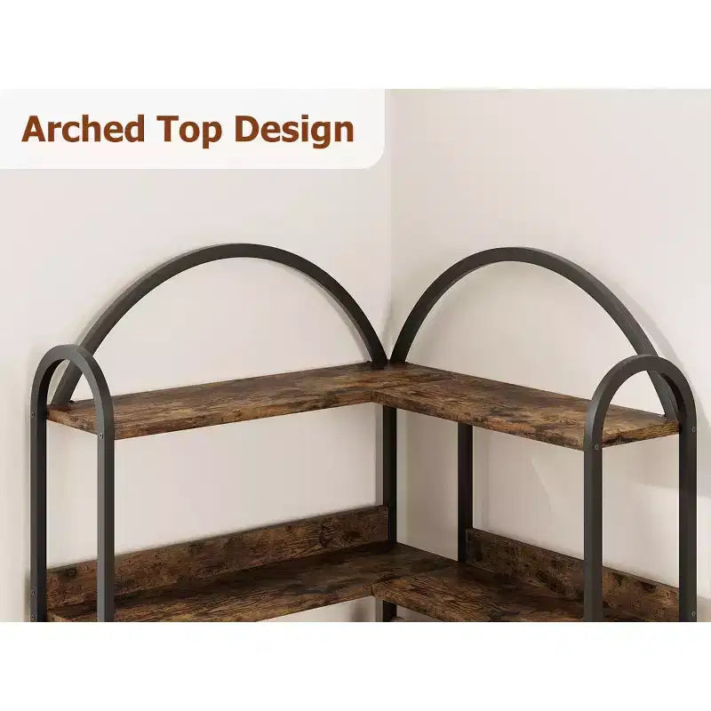 Five-tier L-shaped corner bookshelf with wood and metal storage shelves. Space-saving office display unit suitable for living rooms and bedrooms.