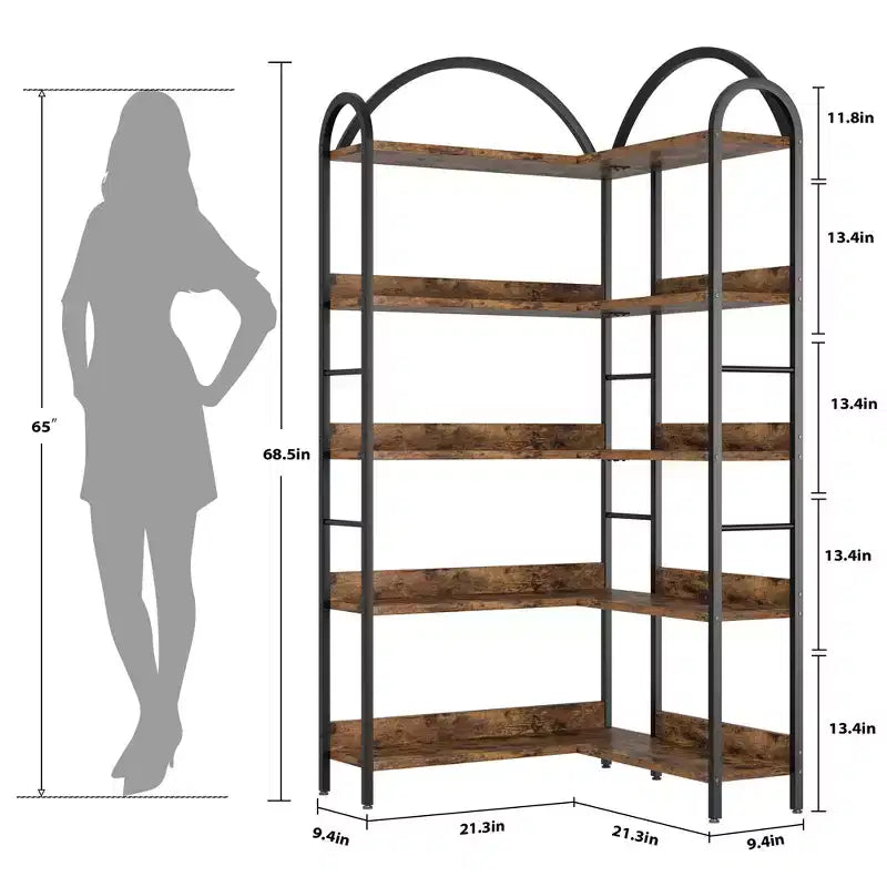 Five-tier L-shaped corner bookshelf with wood and metal storage shelves. Space-saving office display unit suitable for living rooms and bedrooms.
