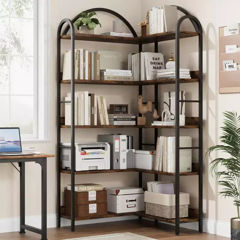 Five-tier L-shaped corner bookshelf with wood and metal storage shelves. Space-saving office display unit suitable for living rooms and bedrooms.