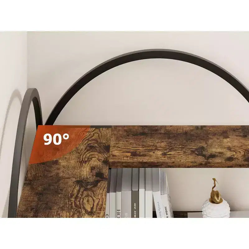 Five-tier L-shaped corner bookshelf with wood and metal storage shelves. Space-saving office display unit suitable for living rooms and bedrooms.