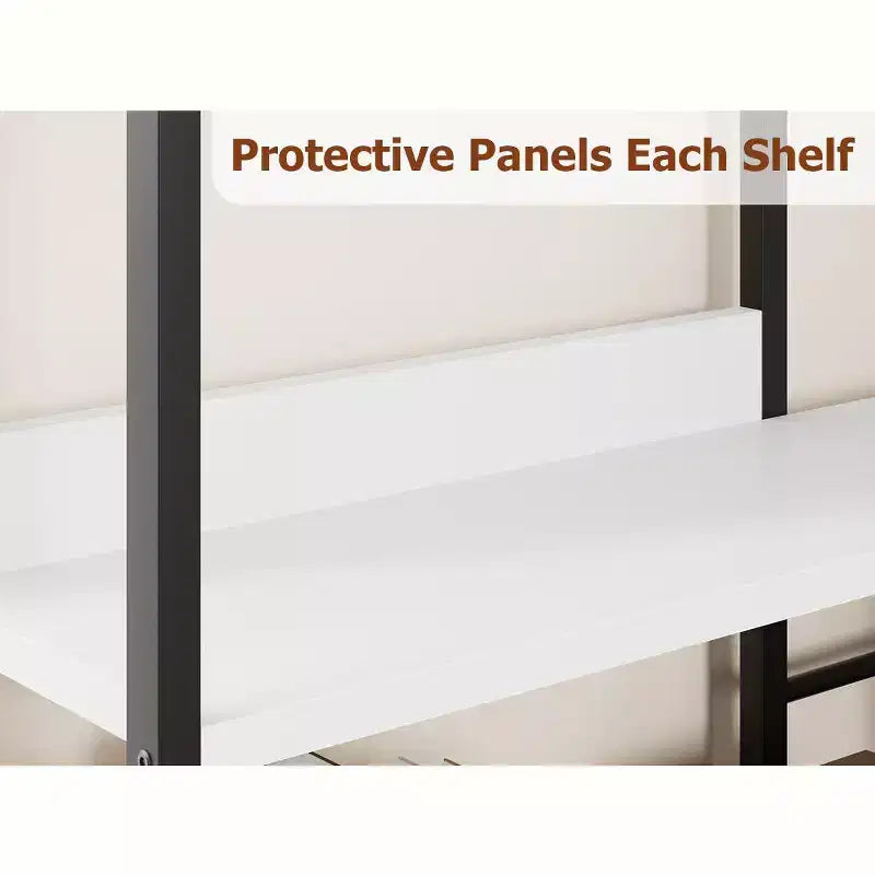 Five-tier L-shaped corner bookshelf with wood and metal storage shelves. Space-saving office display unit suitable for living rooms and bedrooms.