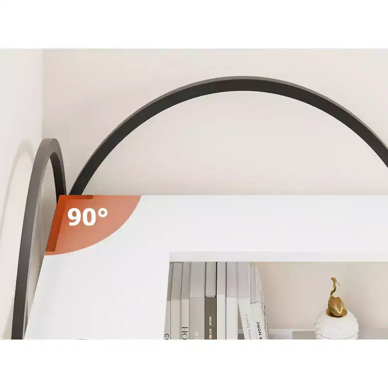 Five-tier L-shaped corner bookshelf with wood and metal storage shelves. Space-saving office display unit suitable for living rooms and bedrooms.