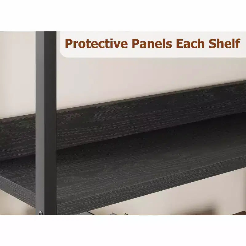 Five-tier L-shaped corner bookshelf with wood and metal storage shelves. Space-saving office display unit suitable for living rooms and bedrooms.