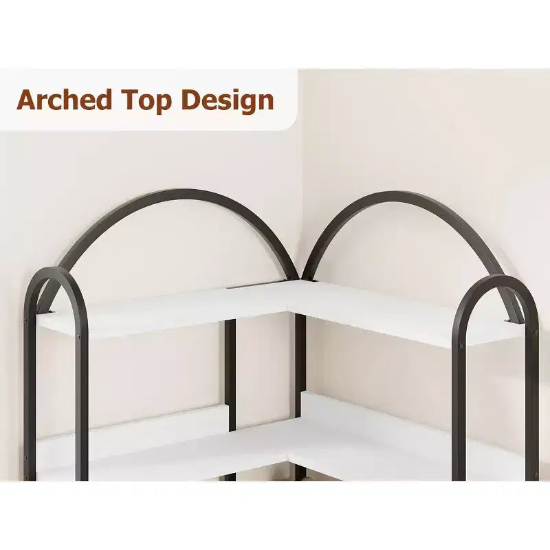 Five-tier L-shaped corner bookshelf with wood and metal storage shelves. Space-saving office display unit suitable for living rooms and bedrooms.