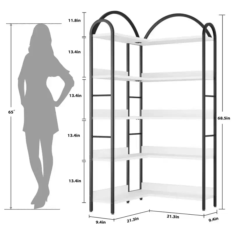 Five-tier L-shaped corner bookshelf with wood and metal storage shelves. Space-saving office display unit suitable for living rooms and bedrooms.