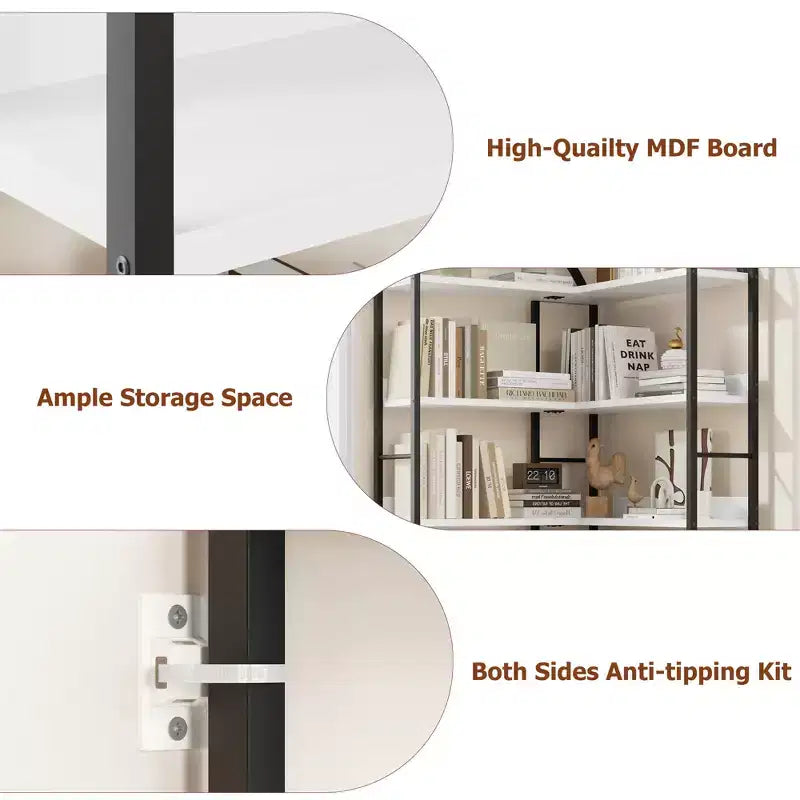 Five-tier L-shaped corner bookshelf with wood and metal storage shelves. Space-saving office display unit suitable for living rooms and bedrooms.