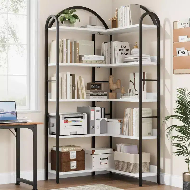 Five-tier L-shaped corner bookshelf with wood and metal storage shelves. Space-saving office display unit suitable for living rooms and bedrooms.
