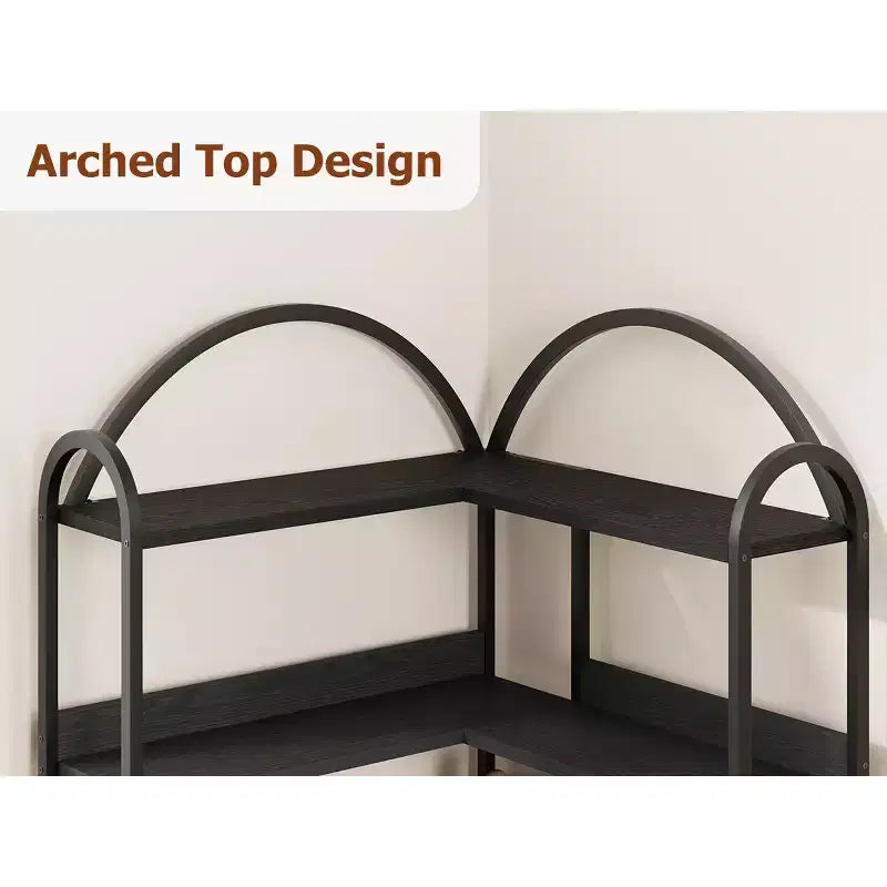 Five-tier L-shaped corner bookshelf with wood and metal storage shelves. Space-saving office display unit suitable for living rooms and bedrooms.