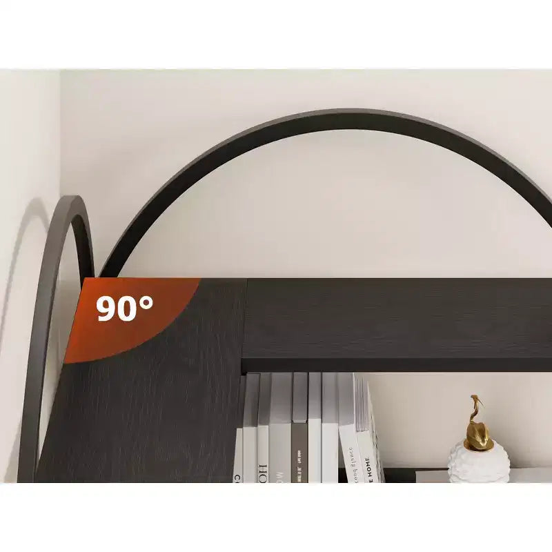 Five-tier L-shaped corner bookshelf with wood and metal storage shelves. Space-saving office display unit suitable for living rooms and bedrooms.