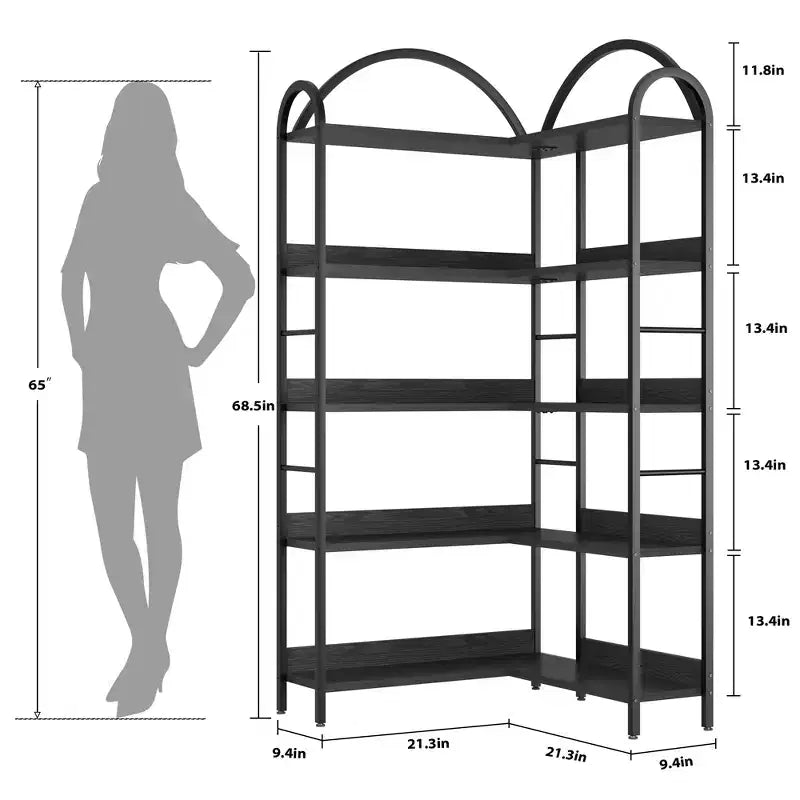 Five-tier L-shaped corner bookshelf with wood and metal storage shelves. Space-saving office display unit suitable for living rooms and bedrooms.