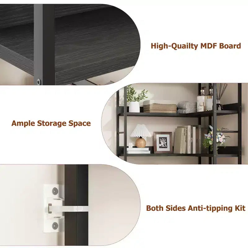 Five-tier L-shaped corner bookshelf with wood and metal storage shelves. Space-saving office display unit suitable for living rooms and bedrooms.