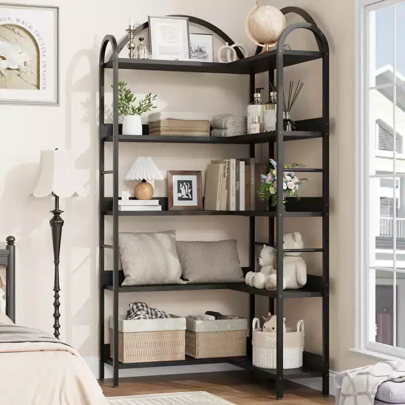 Five-tier L-shaped corner bookshelf with wood and metal storage shelves. Space-saving office display unit suitable for living rooms and bedrooms.