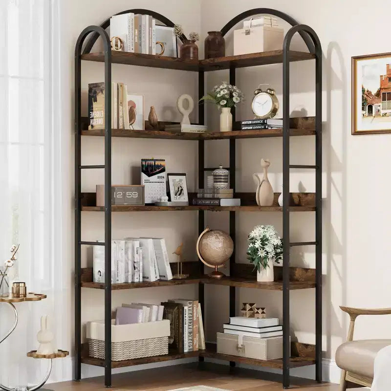 Five-tier L-shaped corner bookshelf with wood and metal storage shelves. Space-saving office display unit suitable for living rooms and bedrooms.