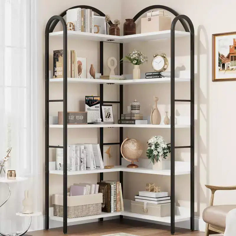 Five-tier L-shaped corner bookshelf with wood and metal storage shelves. Space-saving office display unit suitable for living rooms and bedrooms.