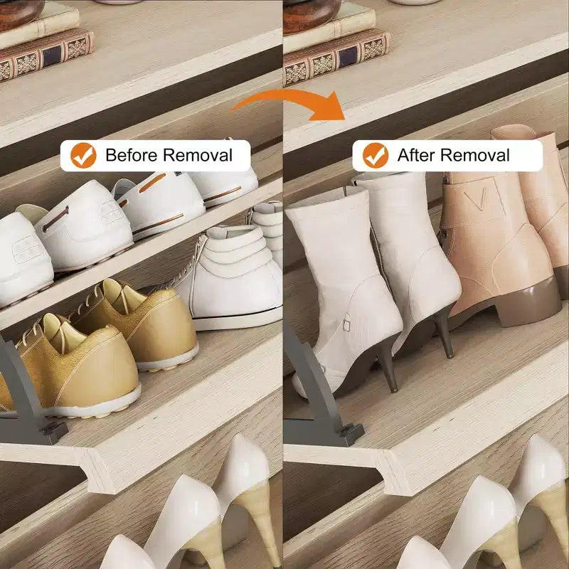 Flip-out drawer shoe cabinet with adjustable wooden shelves, ideal for entryways, hallways, and living rooms as a concealed shoe storage solution.