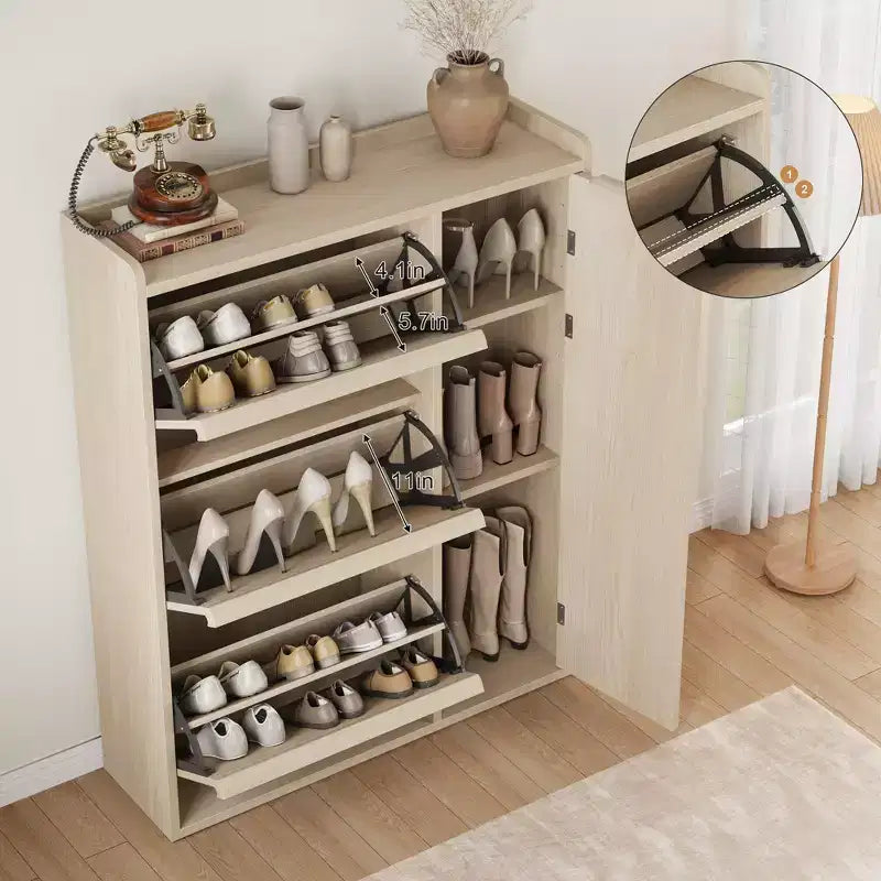 Flip-out drawer shoe cabinet with adjustable wooden shelves, ideal for entryways, hallways, and living rooms as a concealed shoe storage solution.
