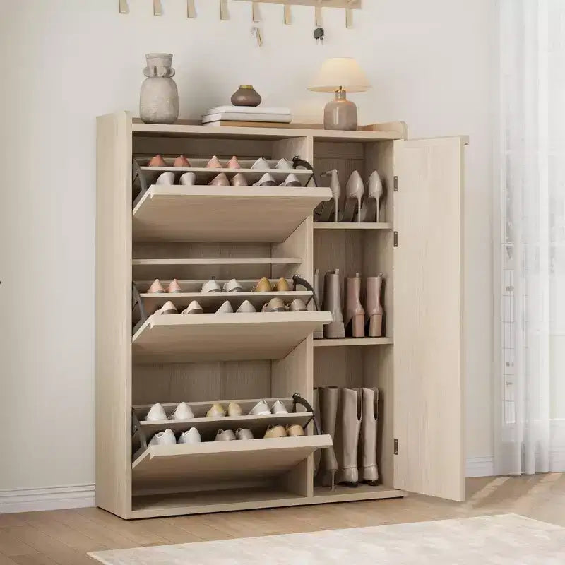 Flip-out drawer shoe cabinet with adjustable wooden shelves, ideal for entryways, hallways, and living rooms as a concealed shoe storage solution.