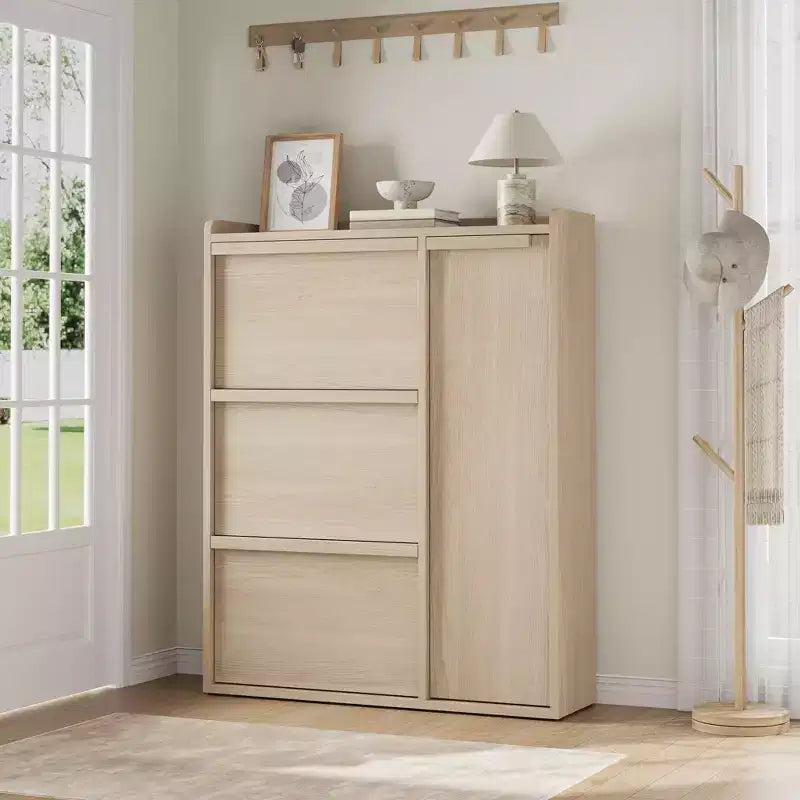 Flip-out drawer shoe cabinet with adjustable wooden shelves, ideal for entryways, hallways, and living rooms as a concealed shoe storage solution.